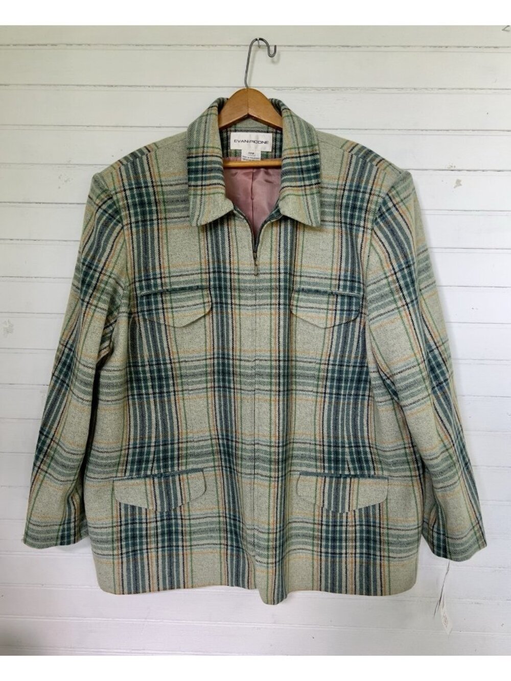 NWT Vintage Evan Picone Wool Blend Plaid Jacket 22W Green Zip Goblincore